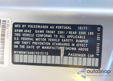 2012 Volkswagen Eos Komfort z USA, uszkodzony, nr VIN WVWBW7AH5CV013113